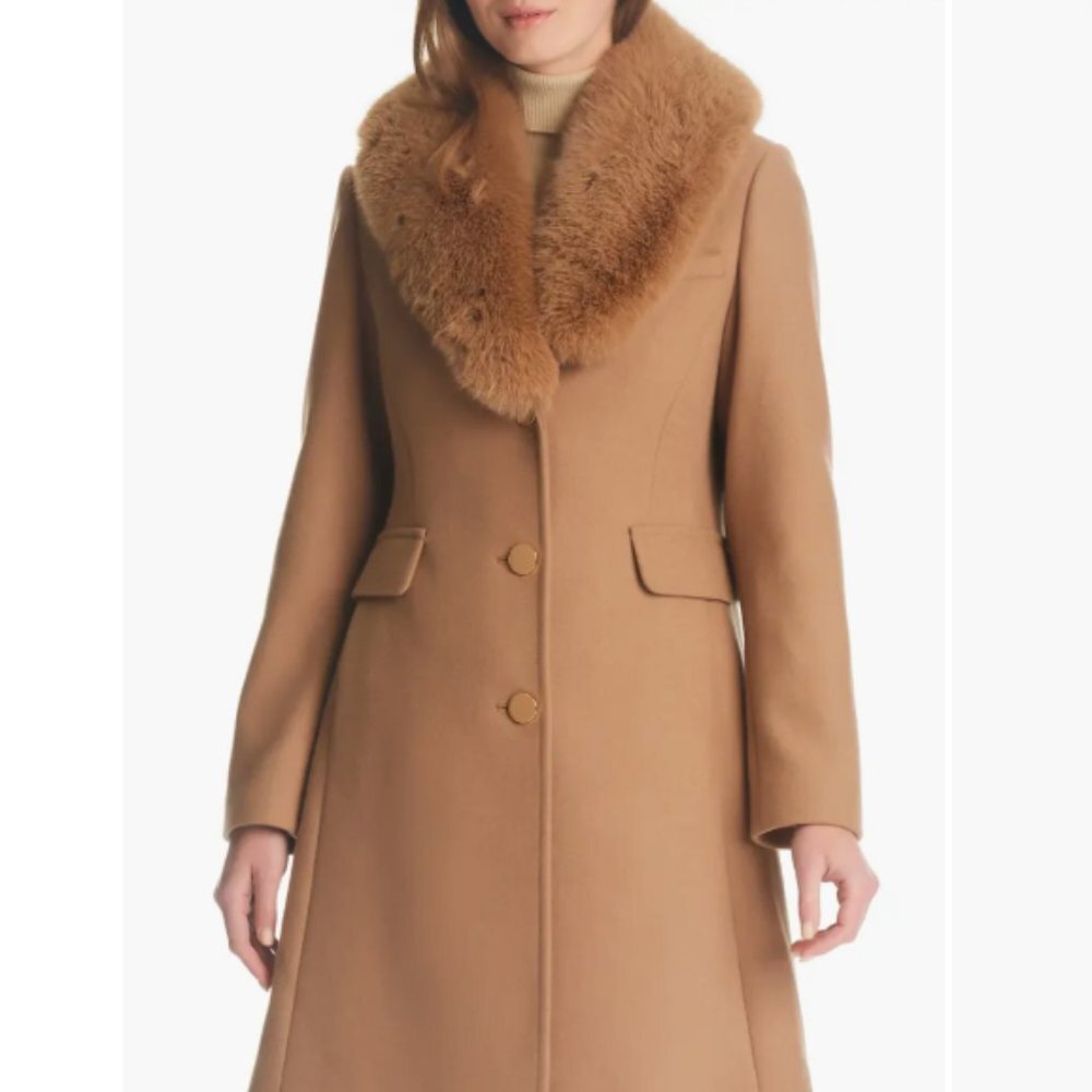 Kate Spade Women Single Breasted Coat with Faux Fur Detachable Collar Size L NWT